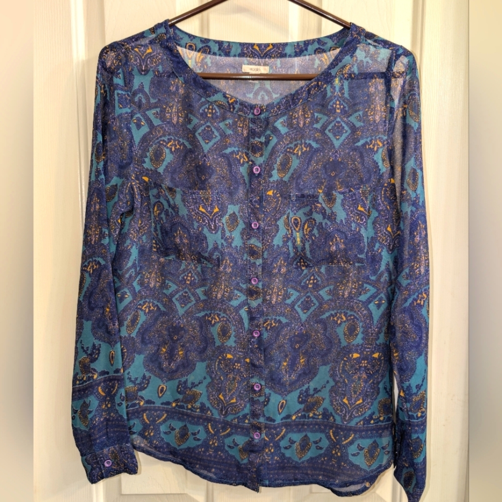 Small Ecote Sheer Long Sleeve Button Up Blue Design Blouse